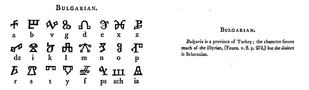 P. 22-23. BULGARIAN.Bulgaria is a province of Turkey; the character favors much of the Illyrian, (Fourn. v. 2. p. 275,) but the dialect is Sclavonian.
